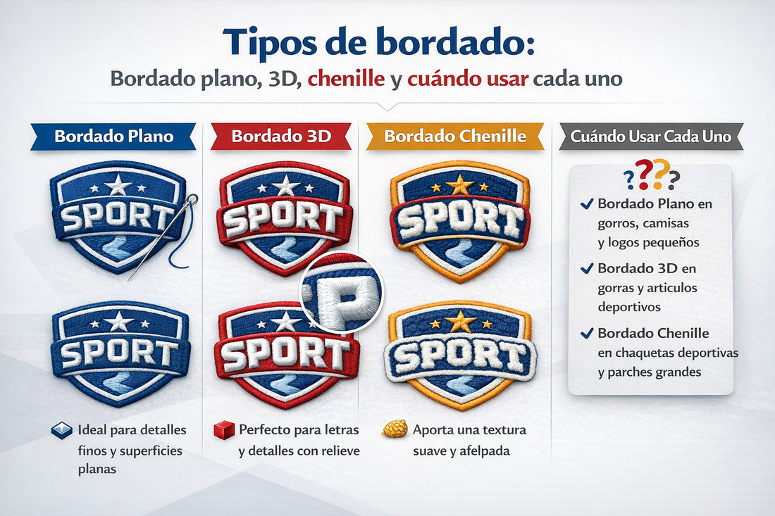 Tipos de bordado: bordado plano, bordado 3D.  ¿Cuándo usar cada uno?
